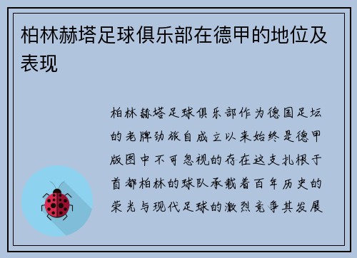 柏林赫塔足球俱乐部在德甲的地位及表现